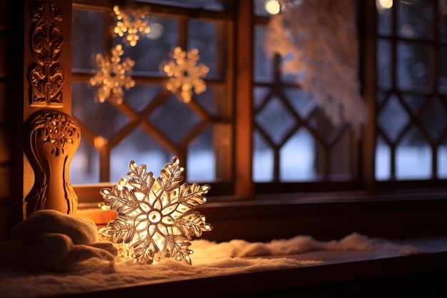 Intricate snowflakes dance on a cozy cabin windowsill illuminated by the warm glow of a fireplace