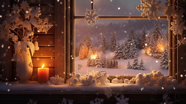 Intricate snowflakes dance on a cozy cabin windowsill illuminated by the warm glow of a fireplace