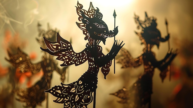 Photo intricate southeast asian shadow puppets known as wayang kulit with detailed designs used