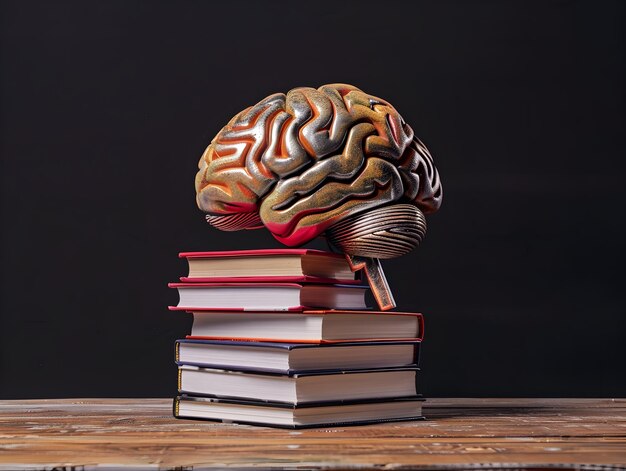 Photo intricate stack of books forming a human brain embodying the power of knowledge and intelligence