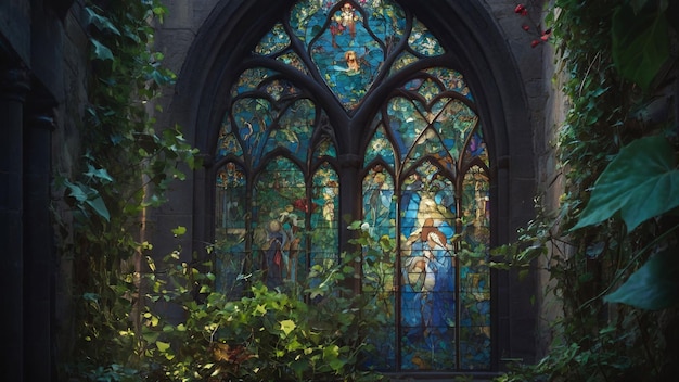 Intricate stained glass window amid foliage