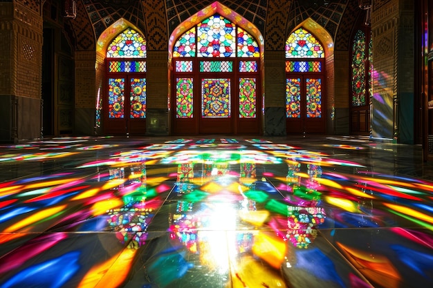 An intricate stained glass window displaying vibrant colors inside a building An intricate stained glass window casting colorful patterns on the floor