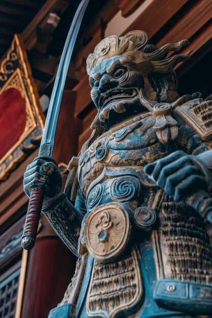 Photo intricate statue of ancient warrior holding sword in traditional asian temple setting