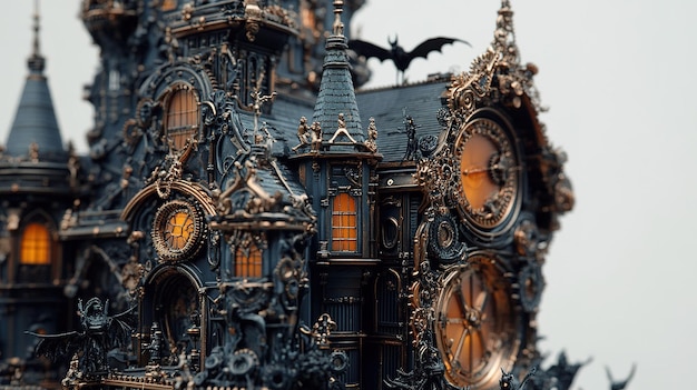 Photo intricate steampunk castle model with clock and bat decoration showcasing fine craftsmanship and attention to detail