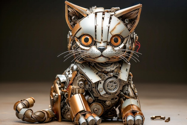 Intricate Steampunk Robotic Cat with Orange Eyes