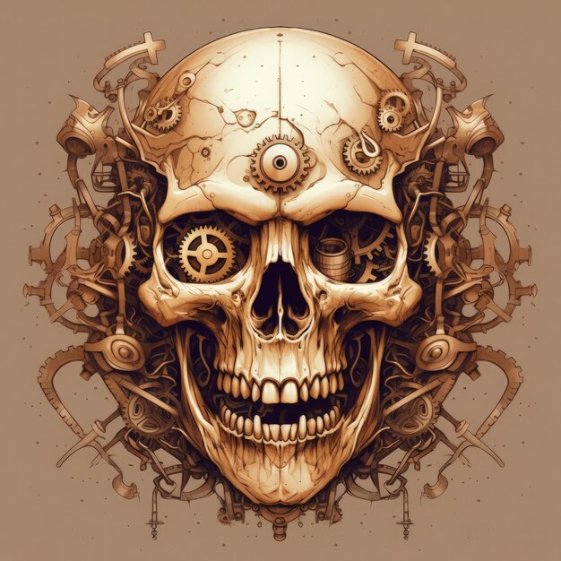 Intricate Steampunk Skull Illustration with Gears and Cogs