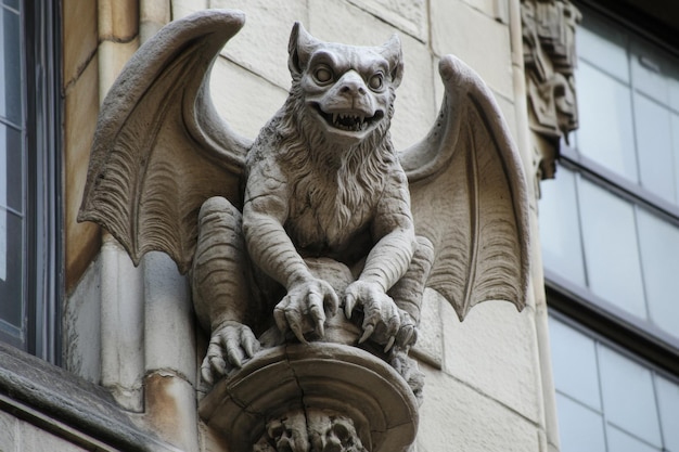 An intricate stone gargoyle featuring detailed wings on a historic and majestic cathedral