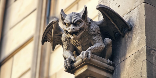 An intricate stone gargoyle featuring detailed wings on a historic and majestic cathedral