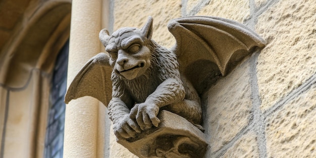 An intricate stone gargoyle featuring detailed wings on a historic and majestic cathedral