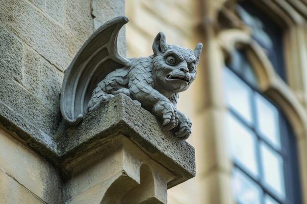 An intricate stone gargoyle featuring detailed wings on a historic and majestic cathedral