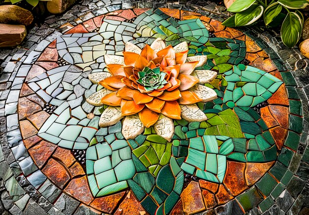 Photo intricate stone mandala with lush greeneryxa