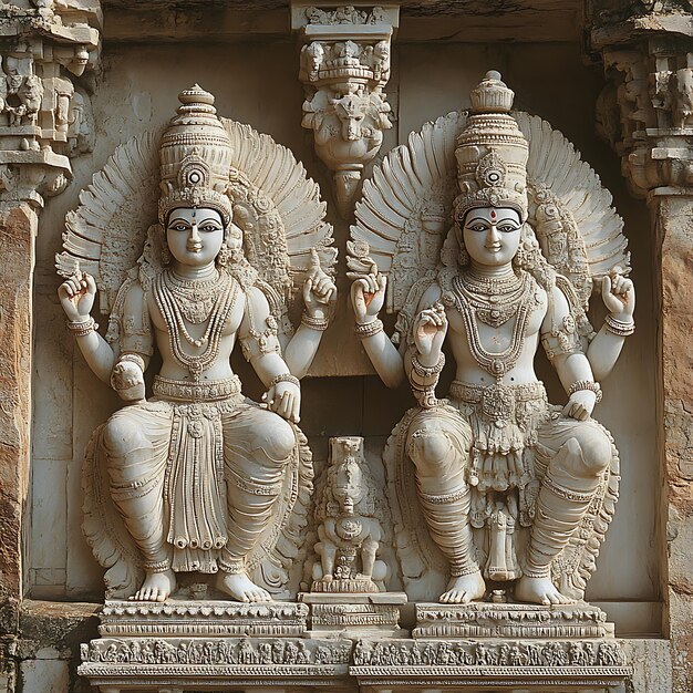 Photo intricate stone sculptures of hindu deities in a temple wall