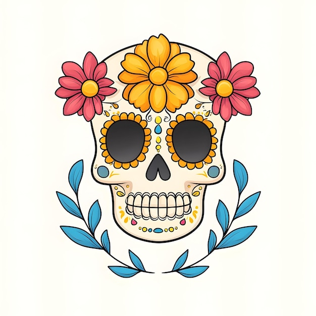 Photo intricate sugar skull with marigold floral patterns on white background