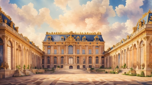 An intricate tapestry of the Palace of Versailles rendered in a vibrant watercolor style