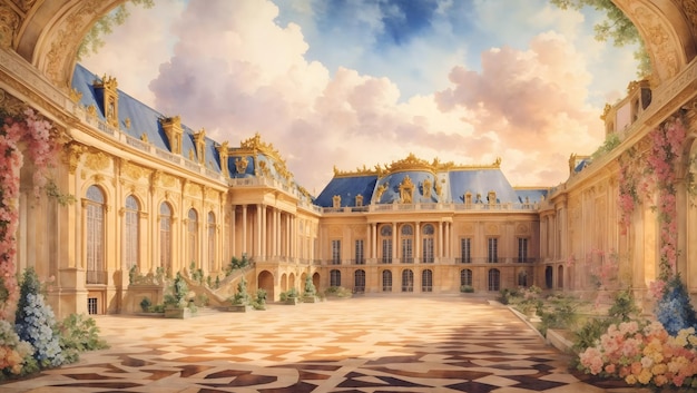 An intricate tapestry of the Palace of Versailles rendered in a vibrant watercolor style