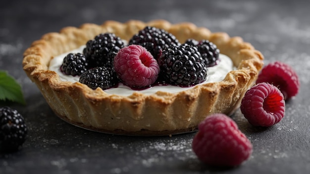 An intricate tart filled with wild black raspberries and a layer of creamy tangy goat cheese