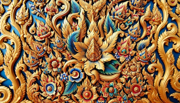 Photo intricate thai traditional art featuring gold leaf vibrant colors and elaborate floral motifs