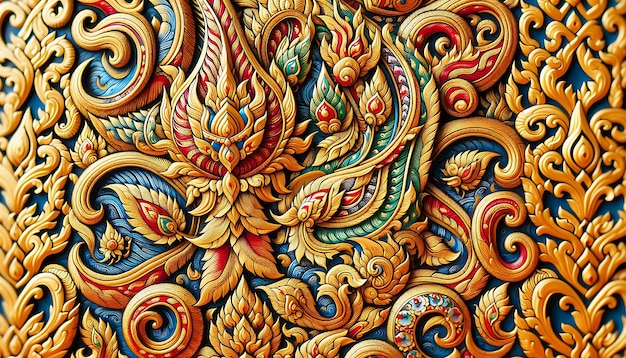 Photo intricate thai traditional art featuring gold leaf vibrant colors and elaborate floral motifs