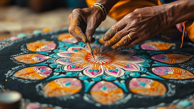 Intricate Tibetan Mandala Art Creation with Colored Sand