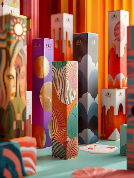 Photo intricate and vibrant packaging design with bold graphic patterns metallic foil accents and sleek mi