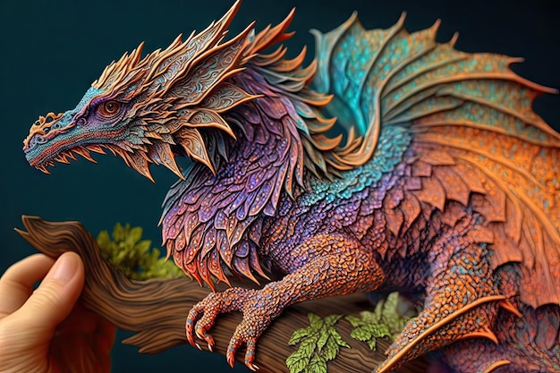 Intricate vibrantly colored delicately carved dragon pointing