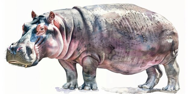 Intricate Watercolor Portrait of a Majestic Hippo