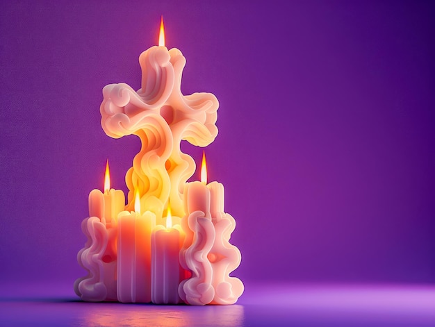 Photo intricate wax sculpture with candles burning brightly on a purple background artistic candlelight