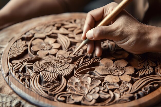 Intricate Wood Carving Detailing Flower Design