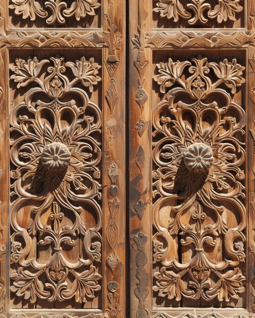 Photo intricate wood carving on a door