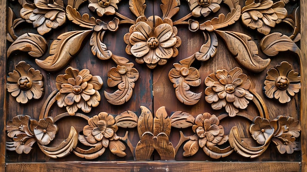 Photo intricate wood carving with floral motifs