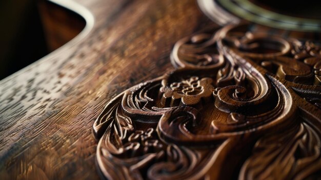 Photo intricate wood carving with floral patterns showcases craftsmanship and detailed artistry in a closeup view