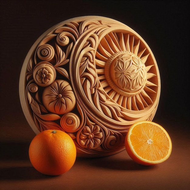 Intricate Wood Carving with Oranges Artisanal Still Life