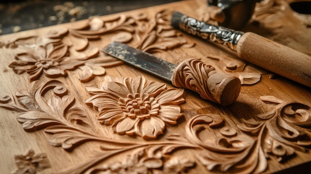 Photo intricate wood carving with tools