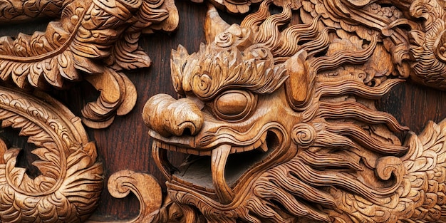 Photo intricate wooden carving of mythical dragon