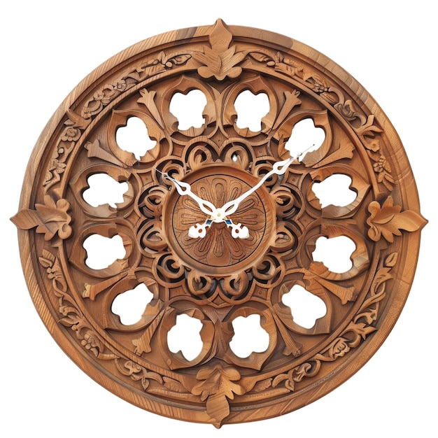 Photo intricate wooden clock face with ornate carvings