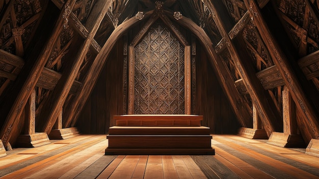 Photo intricate wooden interior design of scandinavian stave church with ornate patterns capturing historical architecture and craftsmanship