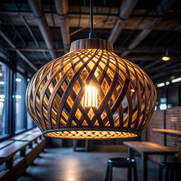 intricate wooden pendant light with woven design in an industrial setting modern lighting decor