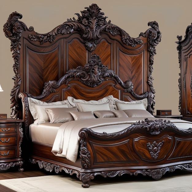 Photo intricately carved dark wood bed with matching bedside tables in a luxurious royalstyle bedroom