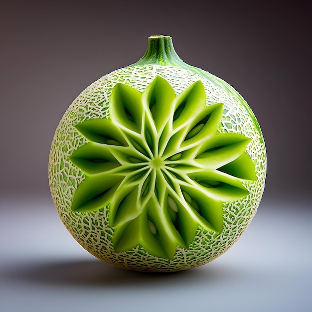 Intricately Carved Honeydew Melon Showcasing Geometric Patterns and Vibrant Hues