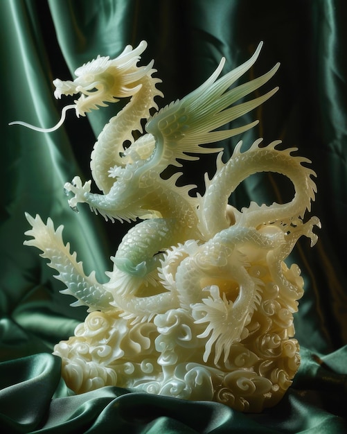 Intricately carved jade dragon and phoenix sculptures displayed elegantly against a dark silk backgr