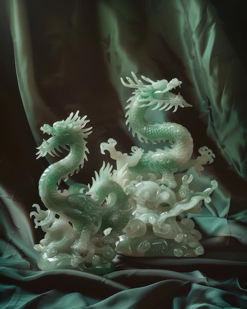 Intricately carved jade dragon and phoenix sculptures displayed elegantly against a dark silk backgr