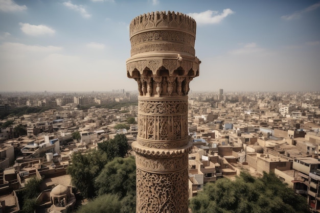 An intricately carved minaret rising above the city skyline