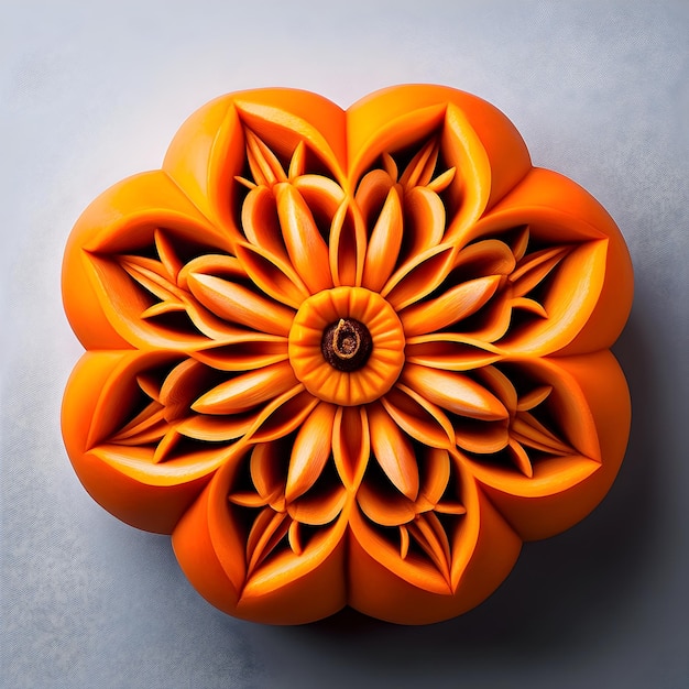 Intricately Carved Persimmon Showcasing Distinct Geometric Patterns Against Neutral Background