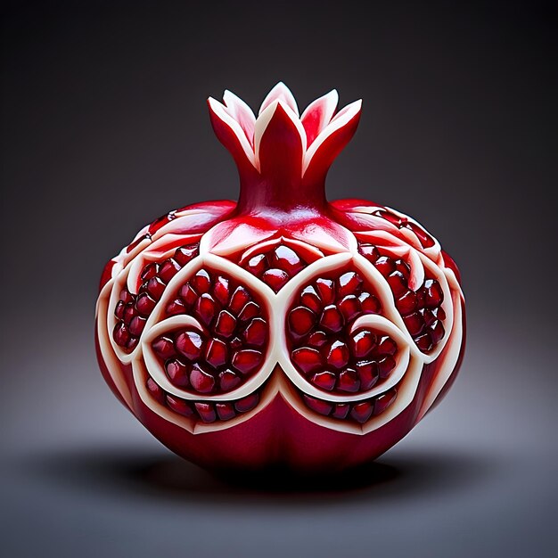 Photo intricately carved pomegranate showcasing geometric patterns and vibrant ruby arils