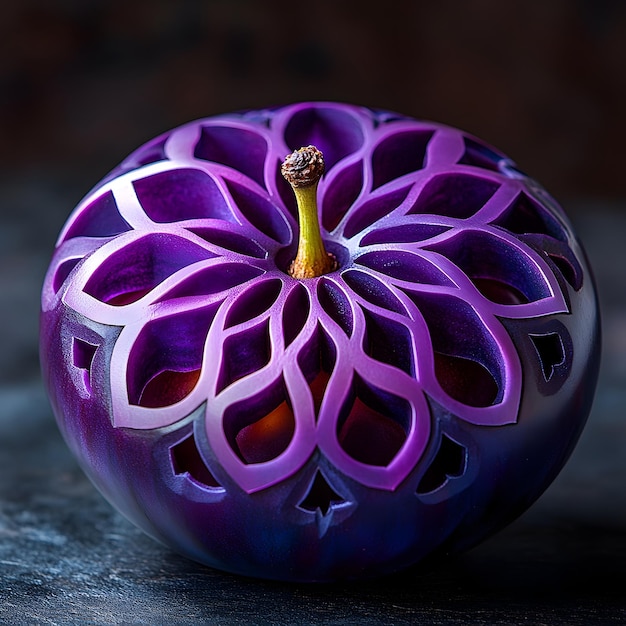 Intricately Carved Purple Plum with Diverse Geometric Patterns on Neutral Background