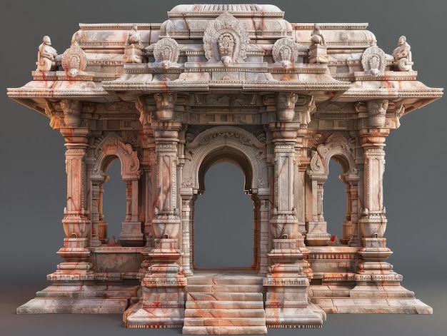 Intricately Carved Stone Temple Structure Displaying Ancient Architectural Features in a Neutral Bac