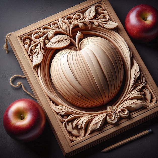 Photo intricately carved wooden apple relief