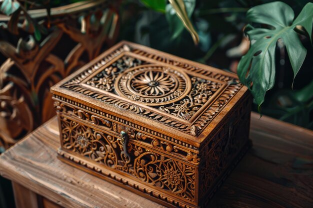 Photo intricately carved wooden box with floral design on a wooden table