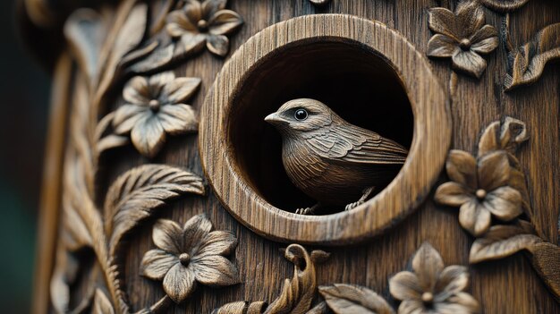 Photo intricately carved wooden decoration featuring a bird nestled among floral patterns