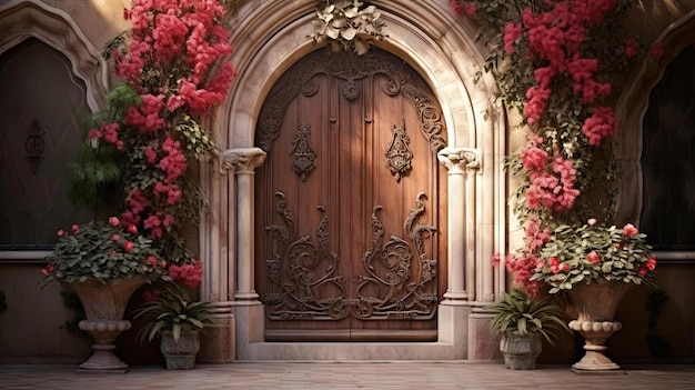 an intricately carved wooden door with potted plants